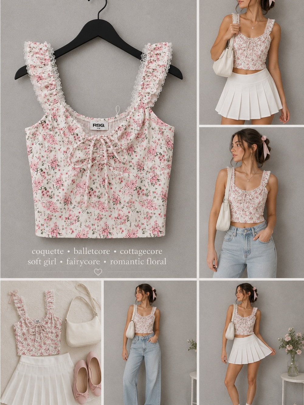 RSQ Pink Floral Lace-Trim Cropped Tank Top